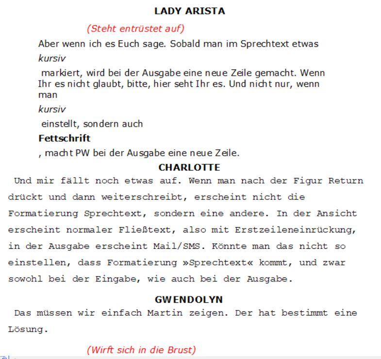 Formatierung Sprechtext Drehbuchmodus